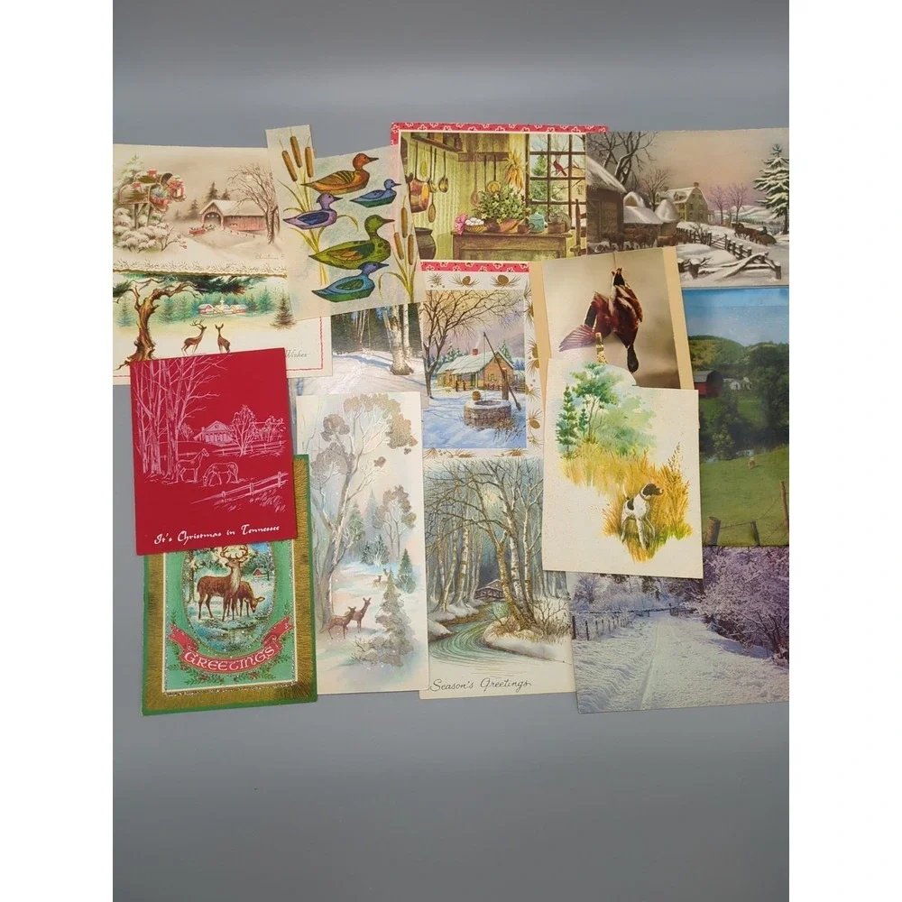 15 Old Vtg Used Christmas Card Fronts for Crafts Winter Scene Country Farm‎ Hunt